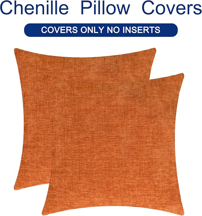 CaliTime Fall Decorative Throw Pillow Covers 22 X 22 Inches Burnt Orange | Pack of 2, Cozy Chenille Cushion Cases for Sofa Bed Living Room Farmhouse Home
