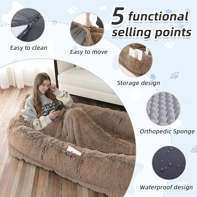 WROS Human Dog Bed for Adult, 71"x45"x12" Giant Calming Nest Beds, Khaki | Washable Soft Faux Fur Cover, Orthopedic Foam Support, Non-slip Bottom, Includes Blanket, Strap & Pillow