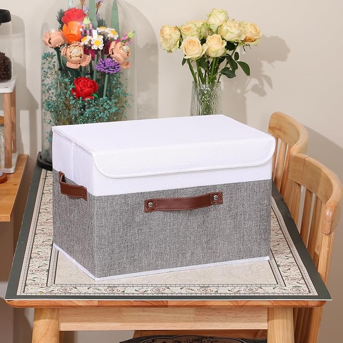 ANMINY Fabric Storage Box Bins with Lids, Gray White, 15"x10"x10" | Keepsake Memory Storage, Cotton Linen, PP Board Reinforced, Washable, PU Handles, Foldable & Stackable, Decorative, Large