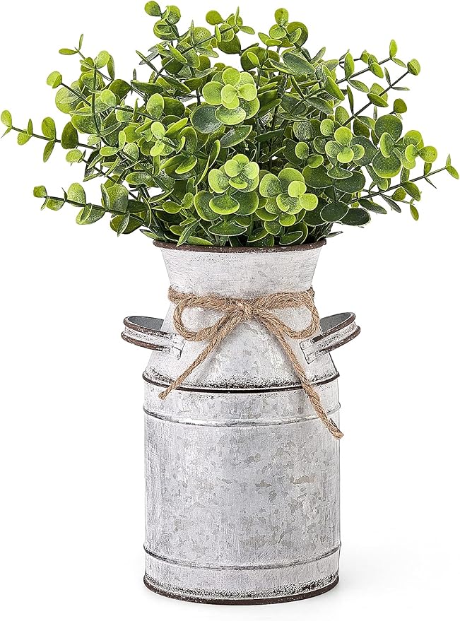 Dahey Metal Flower Vase with Artificial Eucalyptus Farmhouse Decor Rustic Shabby Chic Milk Can Galvanized Jug Planter Fake Plants in Decorative Tin Vase for Table Centerpieces Bedroom Kitchen Decor