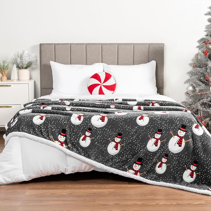 PAVILIA Premium Christmas Sherpa Throw Blanket, 60x80, Grey Snowman Cozy Fleece Holiday Blanket, Reversible Plush Winter Throw for Couch & Bed, Ultra Soft Warm Christmas
