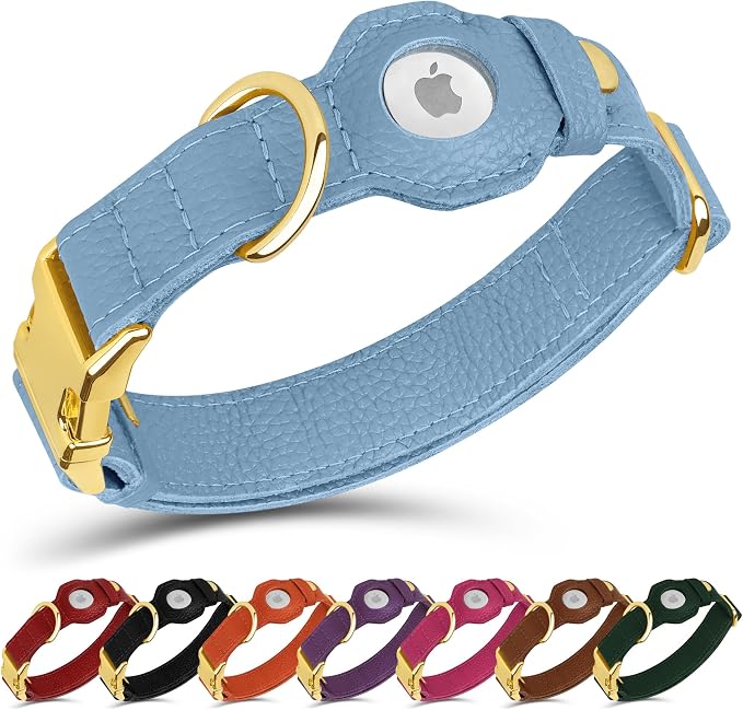 Leather Airtag Dog Collar - Soft Tracking Dog Collar with Apple AirTag Holder and Metal Buckle - Safety GPS Pet Collars for Small Medium Large Dogs Puppy Pink Red (Cornflower, S, 12"-15" Neck Fit)