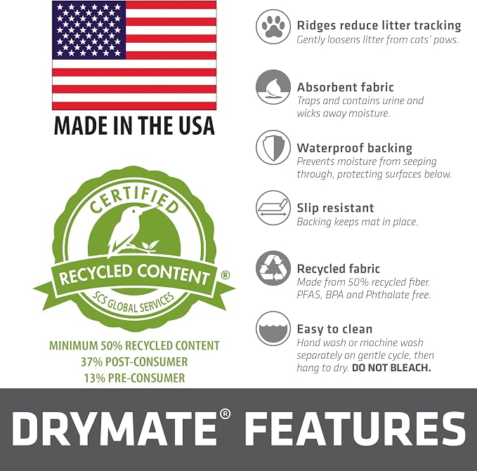 Drymate Cat Litter Box Mat, Litter Trapping Mat, Grey, 20x28 | Waterproof, Urine-Proof, Absorbent, Machine Washable, Soft on Paws, Contains Mess, Protects Floors, Kitten Supplies, USA Made