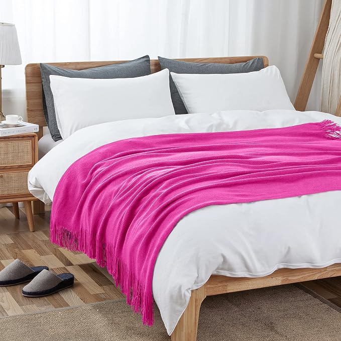 Vonty Hot Pink Knitted Throw Blanket with Tassels Fringe, 50x60 Acrylic | Super Soft And Lightweight, Year-Round Cozy Warmth, Farmhouse Decorative Style, Machine Washable, for Couch, Sofa or Bed
