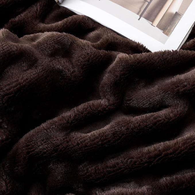 BATTILO Dark Brown Faux Fur Throw Blanket for Bed, Double Side, 60"x80" | Brown Throw Blanket Soft Cozy Warm Minky Blanket, Double Side Reversible Ruched Rabbit Fur Blanket for Living Room