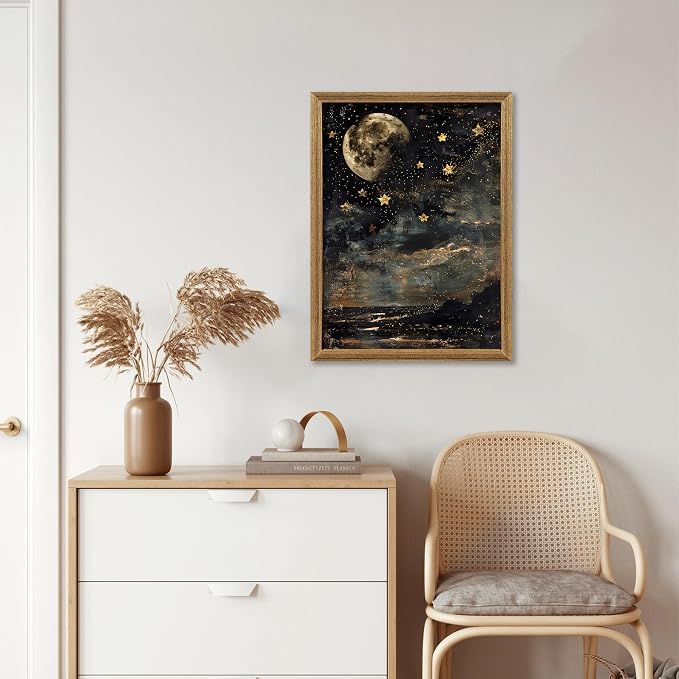 ICHZUMW Framed Moon and Stars Celestial Vintage Canvas Wall Art 12x16 In | Dark Moody Night Sky Painting, Gothic Dark Academia Wall Decor for Bedroom Living Room Bathroom Office, Ready to Hang