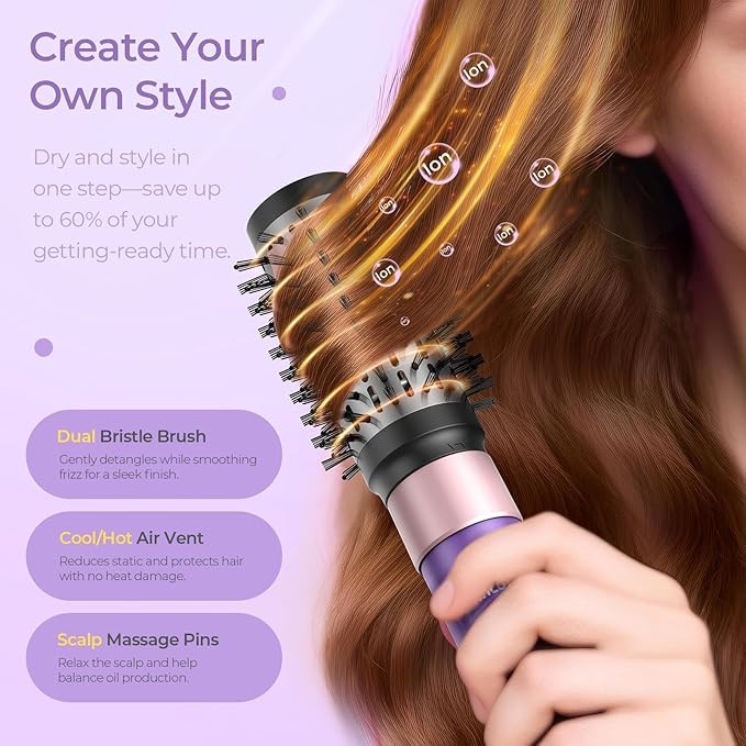Vincofy 7 in 1 Blow Dryer Brush Set – Hot Air Styler for Fast Drying, Curling, Straightening & Volumizing – Ionic Hair Dryer Brush with 1200W Power – No Heat Damage for All Hair Types – Lilac