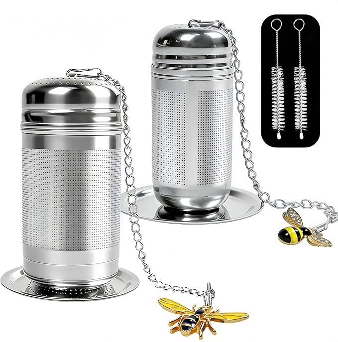 2 Pack Tea Strainers for Loose Tea with 2 Drip Trays & Bee Charms, Extra Fine Mesh Tea Infuser, 304 Stainless Steel Tea Steeper, for Brew Tea, Spices & Seasonings