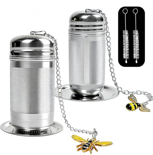 2 Pack Tea Strainers for Loose Tea with 2 Drip Trays & Bee Charms, Extra Fine Mesh Tea Infuser, 304 Stainless Steel Tea Steeper, for Brew Tea, Spices & Seasonings