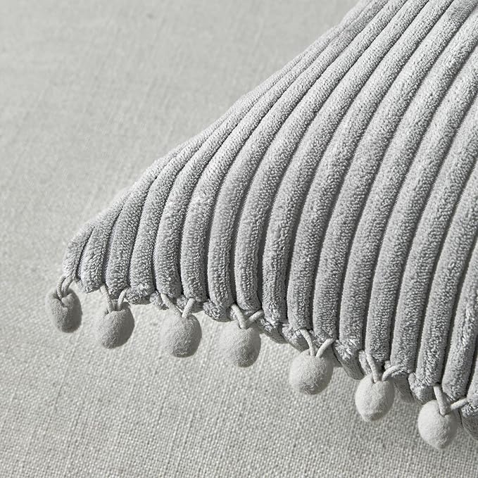 Fancy Homi Set of 2 Neutral Grey Decorative Throw Pillow Covers 12x12 Inch with Pom-poms for Couch Bed Sofa, Modern Farmhouse Boho Home Decor, Soft Plush Corduroy Cute Cushion Case 30x30 cm