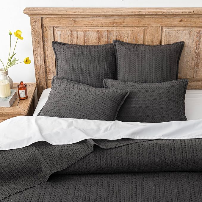 Foindtower Set of 2 Decorative Cotton Waffle Weave Throw Pillow Covers Euro Shams Cushion Covers Accent European Pillowcase for Bed Couch Sofa Bedroom Living Room Home Decor 26×26 Inch Dark Grey