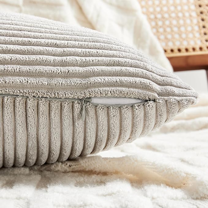 Fancy Homi 2 Packs Neutral Grey Lumbar Decorative Throw Pillow Covers 16x32 Inch for Living Room Couch Bed Sofa, Farmhouse Home Decor, Soft Striped Corduroy Rectangle Accent Cushion Case 40x80 cm