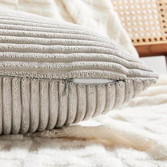 Fancy Homi Neutral Grey Lumbar Decorative Throw Pillow Covers 26x16 Inch for Living Room Couch Bed Sofa, Farmhouse Home Decor, Soft Striped Corduroy Rectangle Accent Cushion Case 40x65 cm