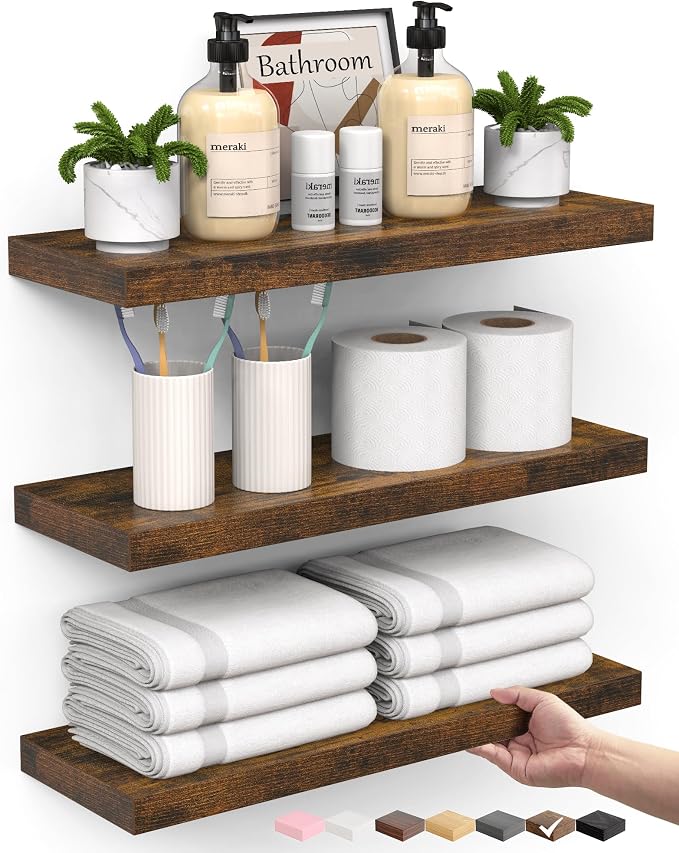 BAYKA Rustic Brown Bathroom Floating Shelves, 15.7in, 3Pk, Wall Mount Shelf | 22lbs Max Load, Hidden Bracket, for Living Room Bedroom Kitchen Display Storage Decor, Easy Install, Multi-Wall Compatible