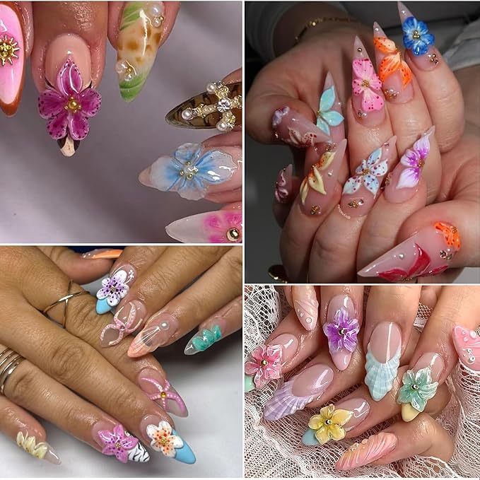 Summer Flower Nail Charms 3D Hibiscus Flowers for Nails Gems Spring Nail Jewelry with Rhinestones Acrylic Nail Art Color Ice Lily Floral Charms for Women Manicure Nail Decoration DIY Crafts