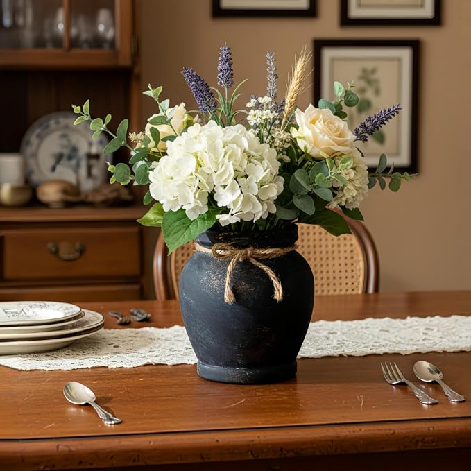 Lvases 6.5in Black Ceramic Vase Distressed Matte Modern Farmhouse Decor | Handcrafted distressed black ceramic vase with jute rope bow, small table centerpiece for living room kitchen and dining