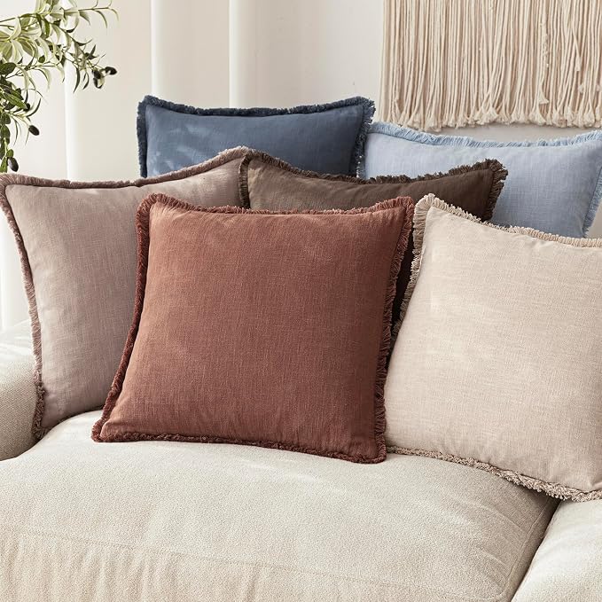 Foindtower Set of 2 Decorative Linen Fringe Throw Pillow Covers Boho Farmhouse Cushion Cover with Tassels Accent Pillowcase for Couch Chair Sofa Bed Living Room Home Decor,16×16 Inch,Rust Red