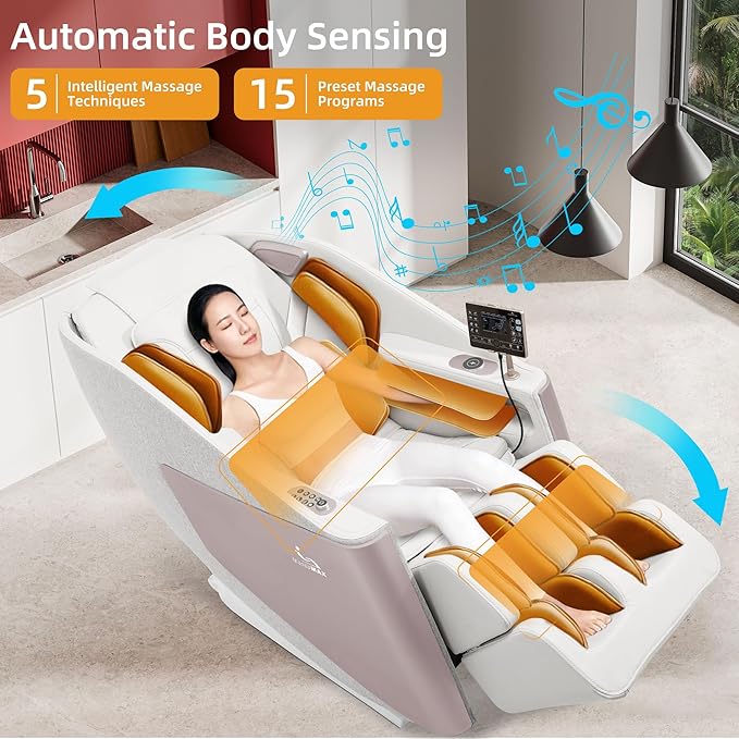 MassaMAX A305 Massage Chair Full Body, Zero Gravity, 53.15" SL-Track Shiatsu Massage Recliner Chair with Heat, Body Scan and Calfrest Extension, 15 Modes, Fully Assembled, Golden