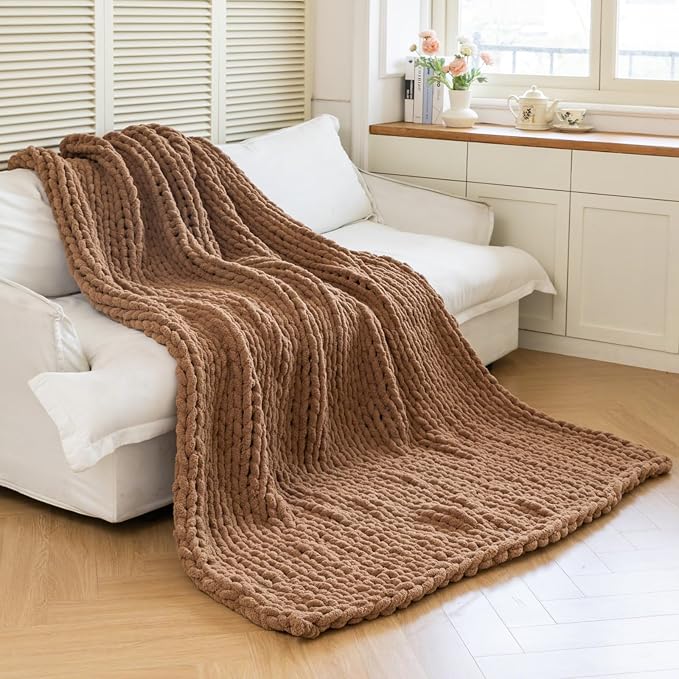 Chunky Knit Blanket - Luxury Soft Cozy 50 * 60 Throw Blanket,100% Woven Blanket Rope Knot Throw Blanket for Couch, Sofa, Home Decor, Gift - Machine Washable (Brown, 50 * 60)