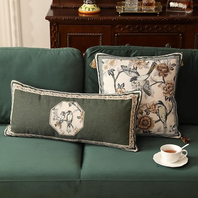 Vintage Linen Rectangle Throw Pillow Cover,Set of 2,28"x12"-Murad E | Designer French Green Pillow Cover,Concealed Zipper Design,Floral and Bird Pattern,Sofa,Bedroom,Living Room,Lounge Chairs