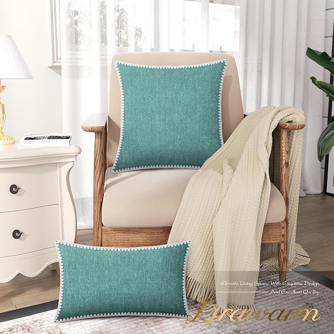BRAWARM Chenille Throw Pillow Covers 12x20 Inches, Teal, 2 Pack | Decorative Lumbar Pillow Covers with Shell Edge, Soft Cushion Cases for Sofa Bed Living Room Home Farmhouse (No Insert)