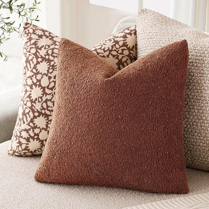 Foindtower Set of 2, Decorative Textured Boucle Throw Pillow Covers Accent Solid Pillow Cases Neutral Soft Cozy Couch Cushion Case for Chair Sofa Bedroom Living Room Home Decor 26x26 Inch Red Taupe