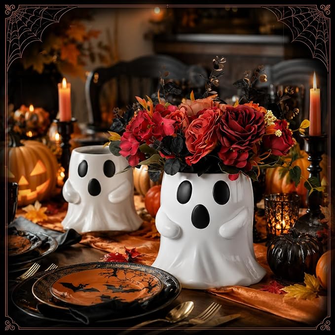 SiliFine Halloween Ghost Bucket with Artificial Flowers Halloween Vase | 6 Inch, Ghost Vase Planter Pot, Halloween Floral Centerpiece, Halloween Candy Holder, Desktop, Indoor Outdoor Holiday Decor
