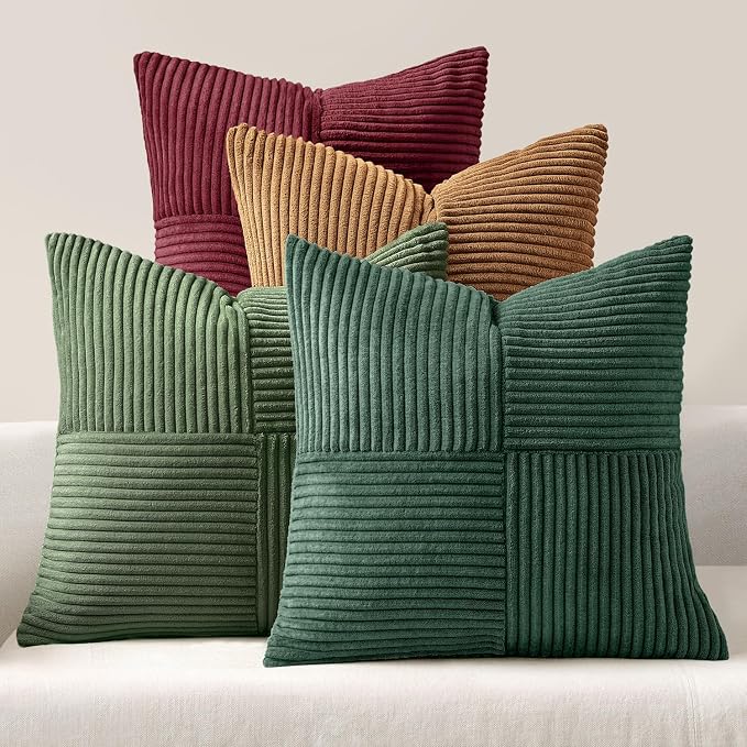 MIULEE Boho Christmas Green Decorative Throw Pillow Covers 20x20 Set of 4 Farmhouse Cushion Covers Color-Clash Corduroy Pillow Cases Modern Soft Corduroy Patchwork Home Decor for Couch Sofa Bedroom