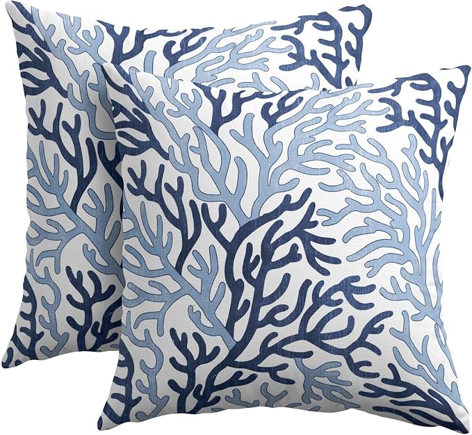 Nautical Coastal Coral Blue White Pillow Covers 22x22 Inch Set of 2 Summer Ocean Themed Beach Pillow Cases Outdoor Linen Square Cushion Cover Farmhouse Decor for Bedroom Home Sofa Couch Bed