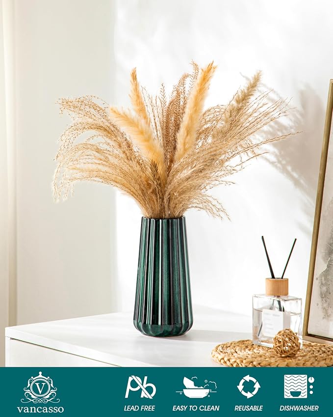vancasso Ceramic Vase, 7.8 Inch Modern Ribbed Glossy Decorative Vase, Flower vase for Home Decor, Living Room, Bedroom, Office Decor, Green