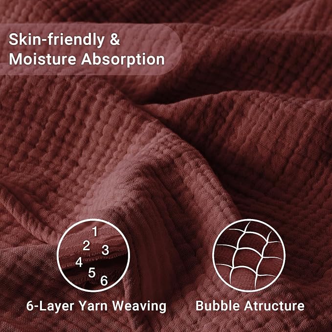 100% Cotton Muslin Blanket Queen 90" x 90", 6 Layers Breathable and Lightweight Cotton Throw Blankets for Bed, Soft Cooling Summer Gauze Blanket for Adults All Season, Burgundy