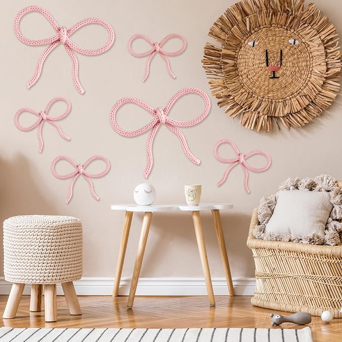 Barydat 6 Pcs Pink Bow Wall Decor Coquette Bow Nursery Decor for Girls Women Back to School Dormitory Decoration Aesthetic Woven Macrame Wall Hanging for Bedroom Classroom Home Dorm Baby Shower
