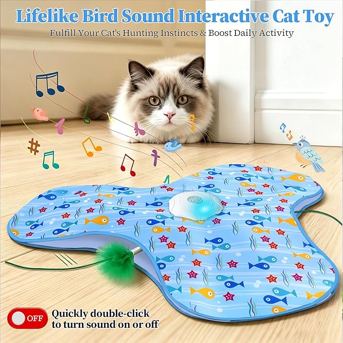 Interactive Cat Toys for Indoor Cats, Automatic Hide and Seek Motion-Activated Cat Toy with Moving Feather & Animal Chirps, USB Rechargeable Electric Cat Enrichment Toy for Bored Adult Cats & Kittens