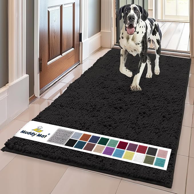Muddy Mat® | Super Water Absorbent Door Mat Indoor, Microfiber Quick Dry Chenille Entryway Rug, Slip Resistant Front Door Mat, Indoor Mats for Entryway, Machine Washable Pet Rug, Black 36"x72"
