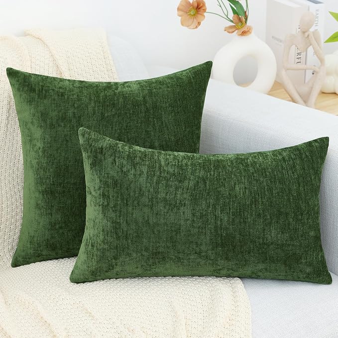 decorUhome Soft Chenille Moss Green Throw Pillow Covers 24X24 Set of 2 | Decorative Fall Couch Pillow Covers Solid Dyed Accent Modern Euro Sham Farmhouse Neutral Square Pillow Cases for Sofa