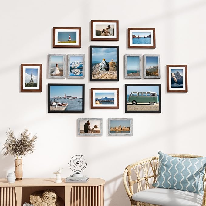 Vittanly 15 Pack Gallery Wall Frame Set, Black, Walnut Brown, Grey | Picture Frames Collage Wall Decor: 3pcs 8x10, 6pcs 5x7, 6pcs 4x6. Picture Frame Set for Wall or Tabletop Display