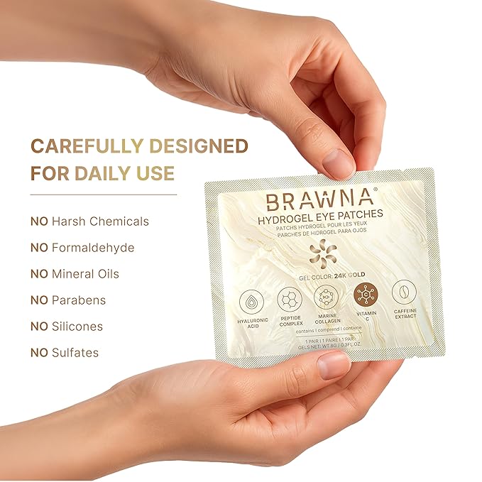 BRAWNA UnderEye Patches – Hydrogel Masks with Vitamin C, Caffeine & Collagen – For Dark Circles, Puffy Eyes, Wrinkles & Tired Skin – 24K Gold Skincare – 24 Pairs