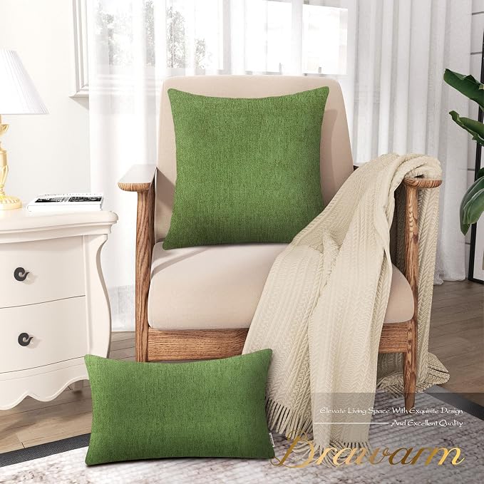 BRAWARM Throw Pillow Covers 12x20 Inches - Forest Green Chenille Lumbar Pillow Covers Pack of 2, Solid Dyed Soft Chenille Pillow Cases for Couch Sofa Bed Home Decoration