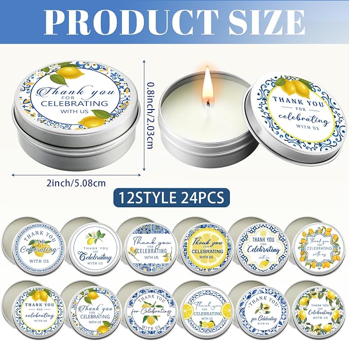Treela 24 Pcs Capri Lemon Candles Favors Italian Lemon Scented Candle Tins with Lids Amalfi Coast Gifts for Mediterranean Wedding Bridal Baby Shower Party Favors Decorations