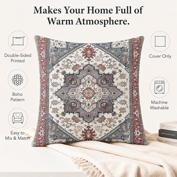 Boho Throw Pillow Covers 18x18 inch Set of 2,Soft Pillowcases Bohemia Carpet Printing Pattern Decorative Sofa Living Room Bed Square Pillow Case Cushion Cover-Reddish Blue