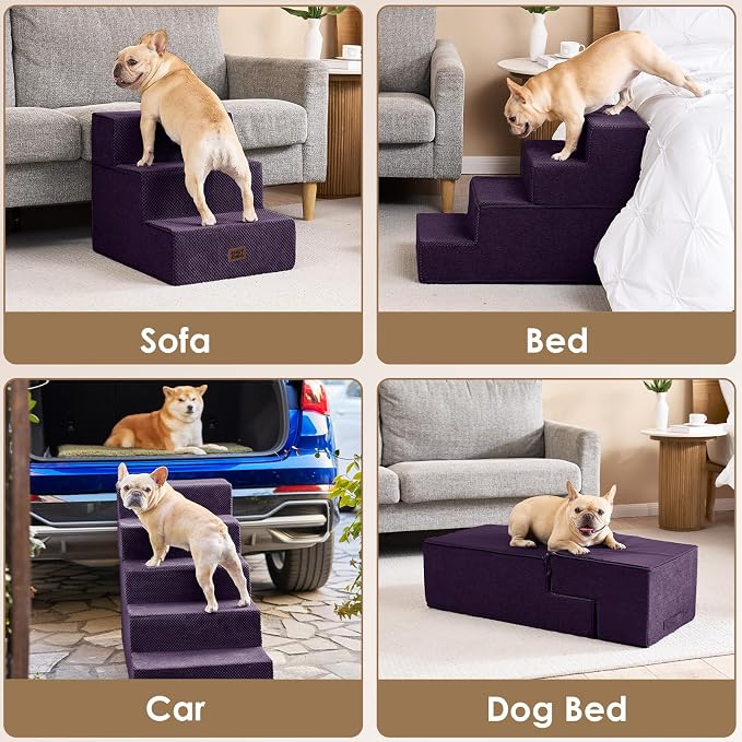 EHEYCIGA Dog Stairs for Bed 20" H, 4-Step Extra Wide Dog Steps, Purple | Pet Steps for Small Dogs and Cats for High Bed, Non-Slip Balanced Pet Ramp Indoor