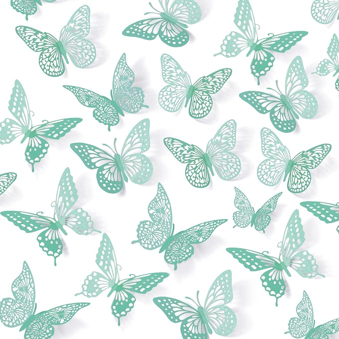 SAOROPEB 3D Butterfly Wall Decor 48 Pcs Pale Turquoise Butterfly Decoration | 4 Styles 3 Sizes, Birthday Decorations&Butterfly Party Decorations&Butterfly Cake Decorations-Removable