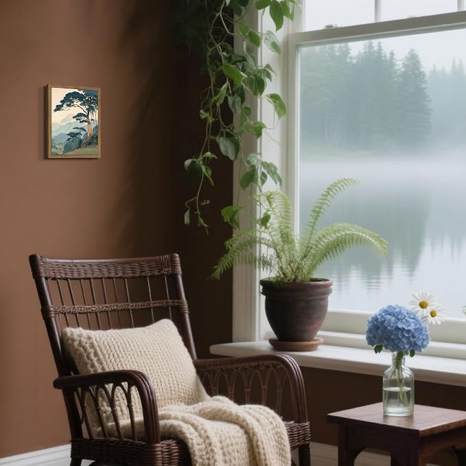 Vintage Japanese Forest Framed Canvas Wall Art – Tranquil Mountain Landscape Painting Print, Retro Nature Tree Scene Decor for Living Room Bedroom Nursery Office Home 8x10 inch