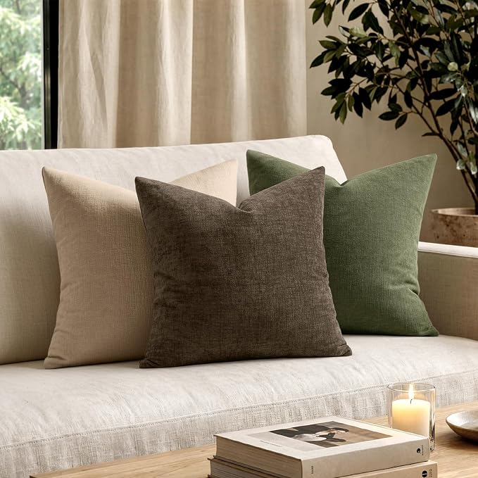 MIULEE Chocolate Brown Chenille Couch Throw Pillow Covers, 20x20 | Set of 2, Modern Farmhouse Rustic Style, Decorative Pillowcases for Sofa Living Room Bed, Home Decor