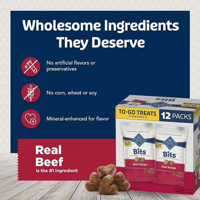 Blue Buffalo Bits Beef Training Treats, 1 oz, 12 ct | Real Beef First, DHA for Cognitive Development, No Chicken By-Product Meals, Free from Red Dye 40