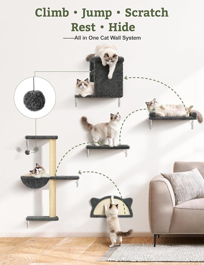 5-in-1 Cat Wall Shelves, Solid Wood Cat Wall Furniture Set for Indoor Cats | 44 lb per Shelf, 72-Hour Load Tested, Pre-Drilled, Fits 16 in. Stud Drywall & Solid Walls, for Small to Medium Cats