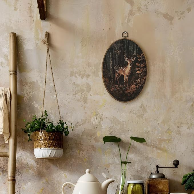 LKETW Vintage Nature Forest Deer Oval Wall Art Decor, Dark Academia Cottagecore Fall Forest Deer Oval Canvas Hanging Decor, Rustic Wild Animal Wall Decorations for Home Bedroom, 8.6x11.4 Inch
