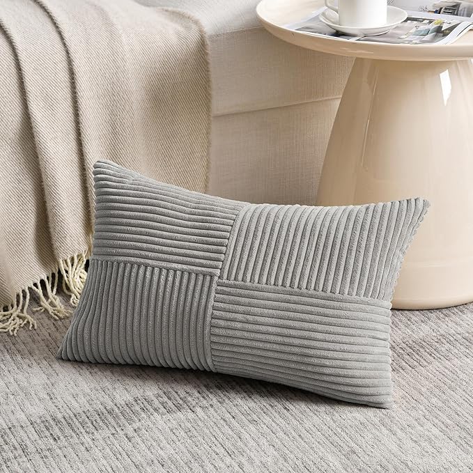 Fancy Homi Grey Lumbar Decorative Throw Pillow Covers 20x28 Inch for Living Room Couch Bed Sofa, Rustic Farmhouse Boho Home Decor, Soft Striped Corduroy Rectangle Accent Cushion Case 50x70 cm