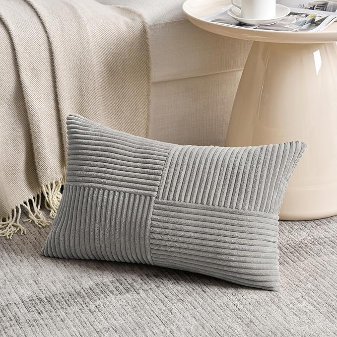 Fancy Homi Neutral Grey Lumbar Decorative Throw Pillow Covers 12x24 Inch for Living Room Couch Bed Sofa, Farmhouse Home Decor, Soft Striped Corduroy Rectangle Accent Cushion Case 30x60 cm