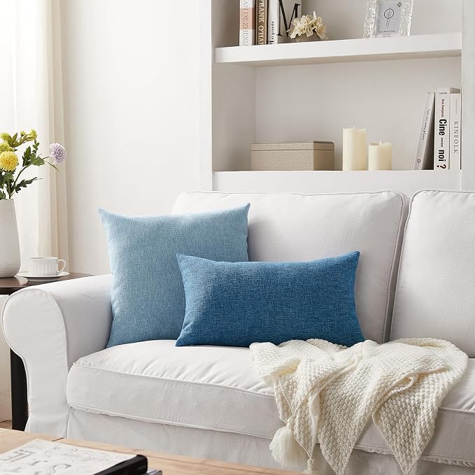 Meekio Set of 2 Light Blue Throw Pillow Covers 16x16, Coastal Linen Blend Decorative Pillow Covers for Couch Sofa Bed, Beach House Home Decor